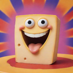 A caricature of a cheese named Caseoh, happily nibbling on a piece of cheese that looks just like itself, set against a vibrant, joyful background