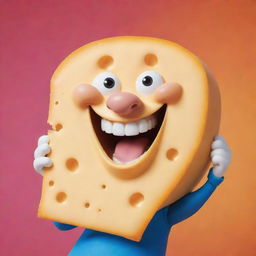 A caricature of a cheese named Caseoh, happily nibbling on a piece of cheese that looks just like itself, set against a vibrant, joyful background