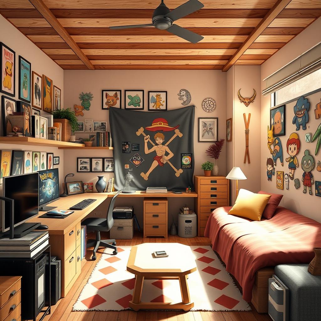 Crea una habitación multifuncional para un adulto de 40 años que le gusta el anime y los videojuegos