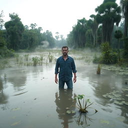 A man standing in the middle of a swamp, surrounded by murky water and dense vegetation