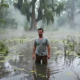 A man standing in the middle of a swamp, surrounded by murky water and dense vegetation