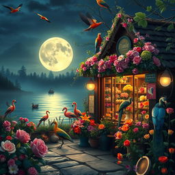 Create an image of a florist shop at midnight, with a glowing moon reflecting on a nearby river