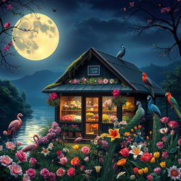 Create an image of a florist shop at midnight, with a glowing moon reflecting on a nearby river