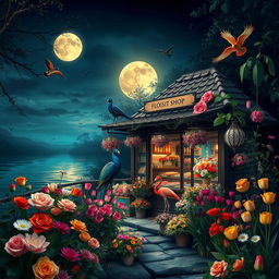 Create an image of a florist shop at midnight, with a glowing moon reflecting on a nearby river