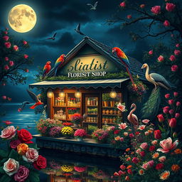 Create an image of a florist shop at midnight, with a glowing moon reflecting on a nearby river