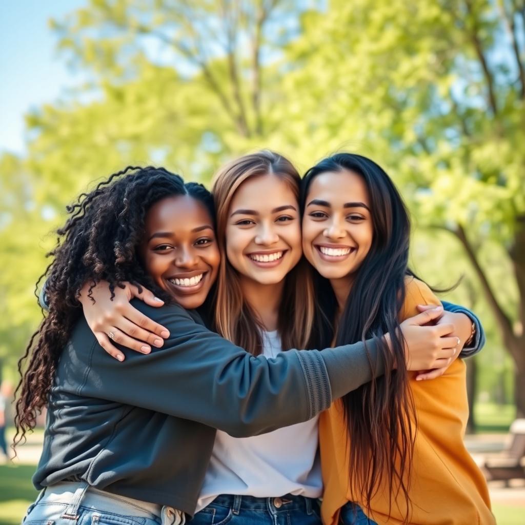 Three friends hugging each other warmly, with smiles on their faces