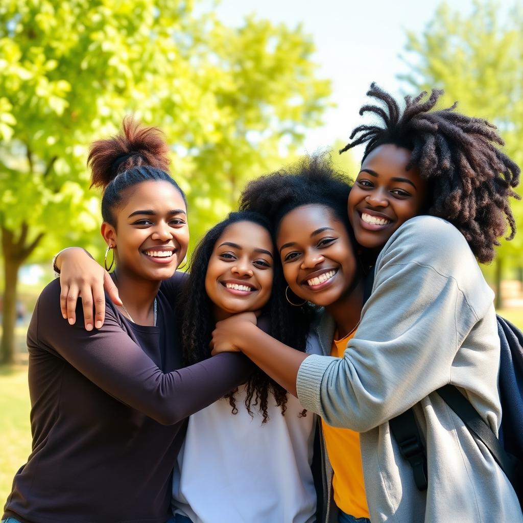 Three friends hugging each other warmly, with smiles on their faces