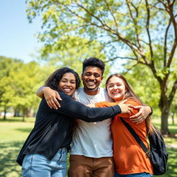 Three friends hugging each other warmly, with smiles on their faces