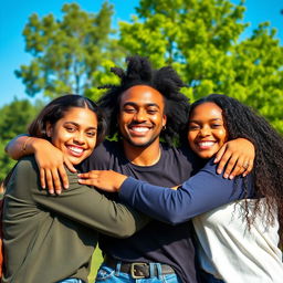 Three friends hugging each other warmly, with smiles on their faces