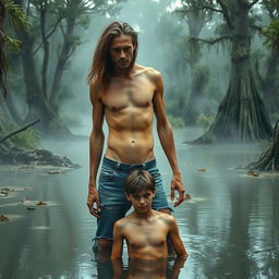 A tall, skinny, lean father with long hair, shirtless and toothless, showing his rib cage and cut obliques, stands over his 15-year-old son in a swamp