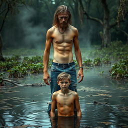 A tall, skinny, lean father with long hair, shirtless and toothless, showing his rib cage and cut obliques, stands over his 15-year-old son in a swamp