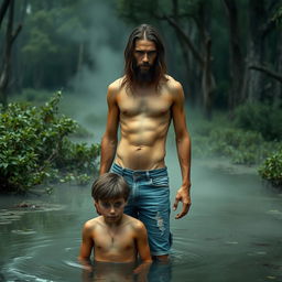 A tall, skinny, lean father with long hair, shirtless and toothless, showing his rib cage and cut obliques, stands over his 15-year-old son in a swamp