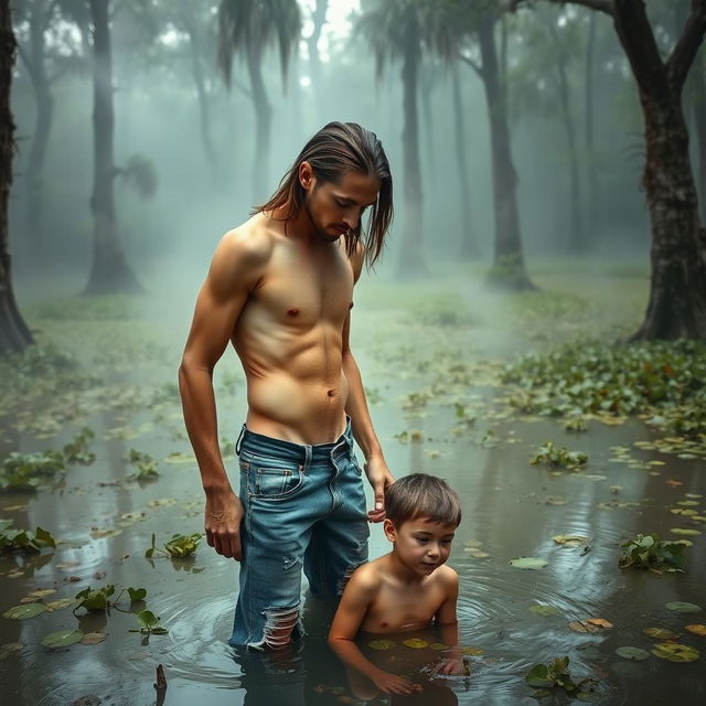 A tall, skinny, lean father with long hair, shirtless and toothless, showing his rib cage and cut obliques, stands over his 15-year-old son in a swamp