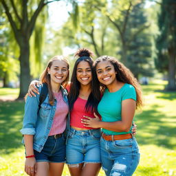 Three best friends with big smiles on their faces, standing close together and hugging