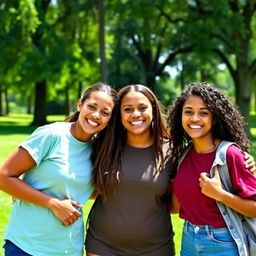 Three best friends with big smiles on their faces, standing close together and hugging