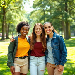 Three best friends with big smiles on their faces, standing close together and hugging