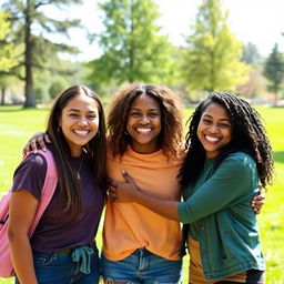 Three best friends with big smiles on their faces, standing close together and hugging