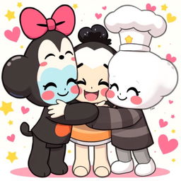 BT21 characters Chimmy, Tata, and Cooky hugging each other tightly with big smiles on their faces