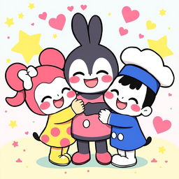 BT21 characters Chimmy, Tata, and Cooky hugging each other tightly with big smiles on their faces