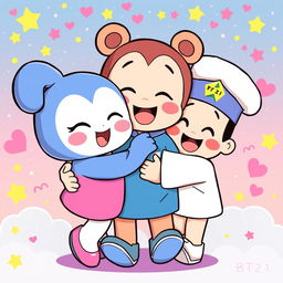 BT21 characters Chimmy, Tata, and Cooky hugging each other tightly with big smiles on their faces