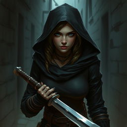 Create a portrait of a female half-orc rogue