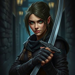 Create a portrait of a female half-orc rogue