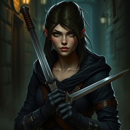 Create a portrait of a female half-orc rogue