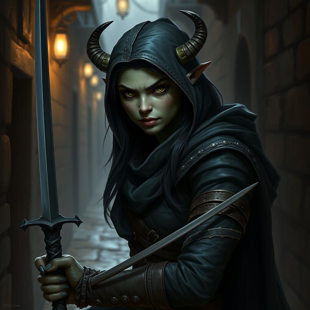 Create a portrait of a female orc rogue