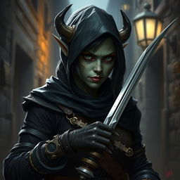 Create a portrait of a female orc rogue