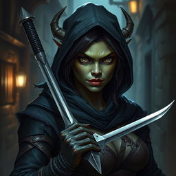 Create a portrait of a female orc rogue