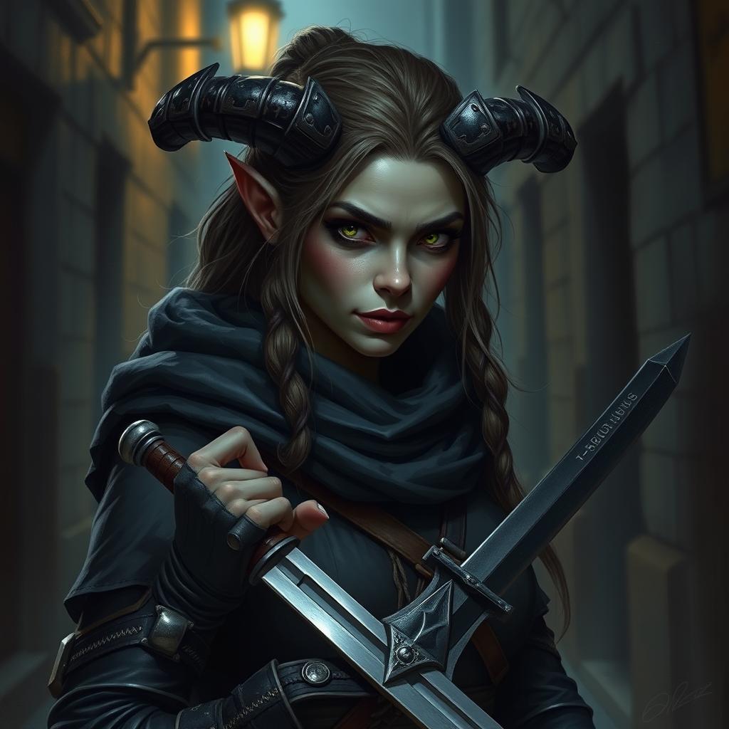 Create a portrait of a female orc rogue without horns