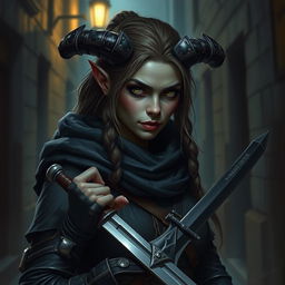 Create a portrait of a female orc rogue without horns