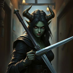 Create a portrait of a female orc rogue without horns