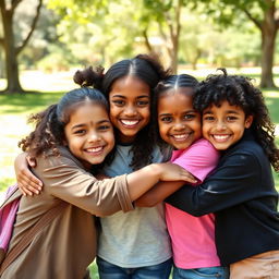 Three best friends, around 9 years old, hugging each other with big smiles on their faces