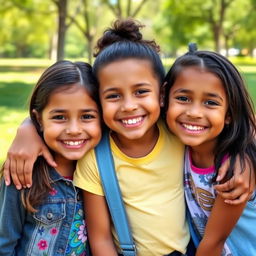 Three best friends, around 9 years old, hugging each other with big smiles on their faces