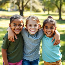 Three best friends, around 9 years old, hugging each other with big smiles on their faces