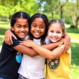 Three best friends, around 9 years old, hugging each other with big smiles on their faces