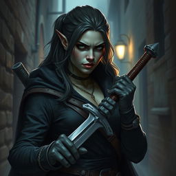 Create a portrait of a female orcish rogue