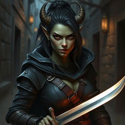 Create a portrait of a female orcish rogue