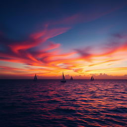 Create an image of a beautiful sunset over a calm ocean with a few sailboats in the distance