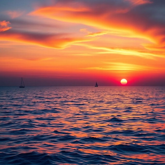 Create an image of a beautiful sunset over a calm ocean with a few sailboats in the distance