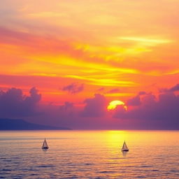 Create an image of a beautiful sunset over a calm ocean with a few sailboats in the distance