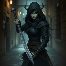 Create a portrait of a female orcish rogue