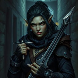 Create a portrait of a female orcish rogue