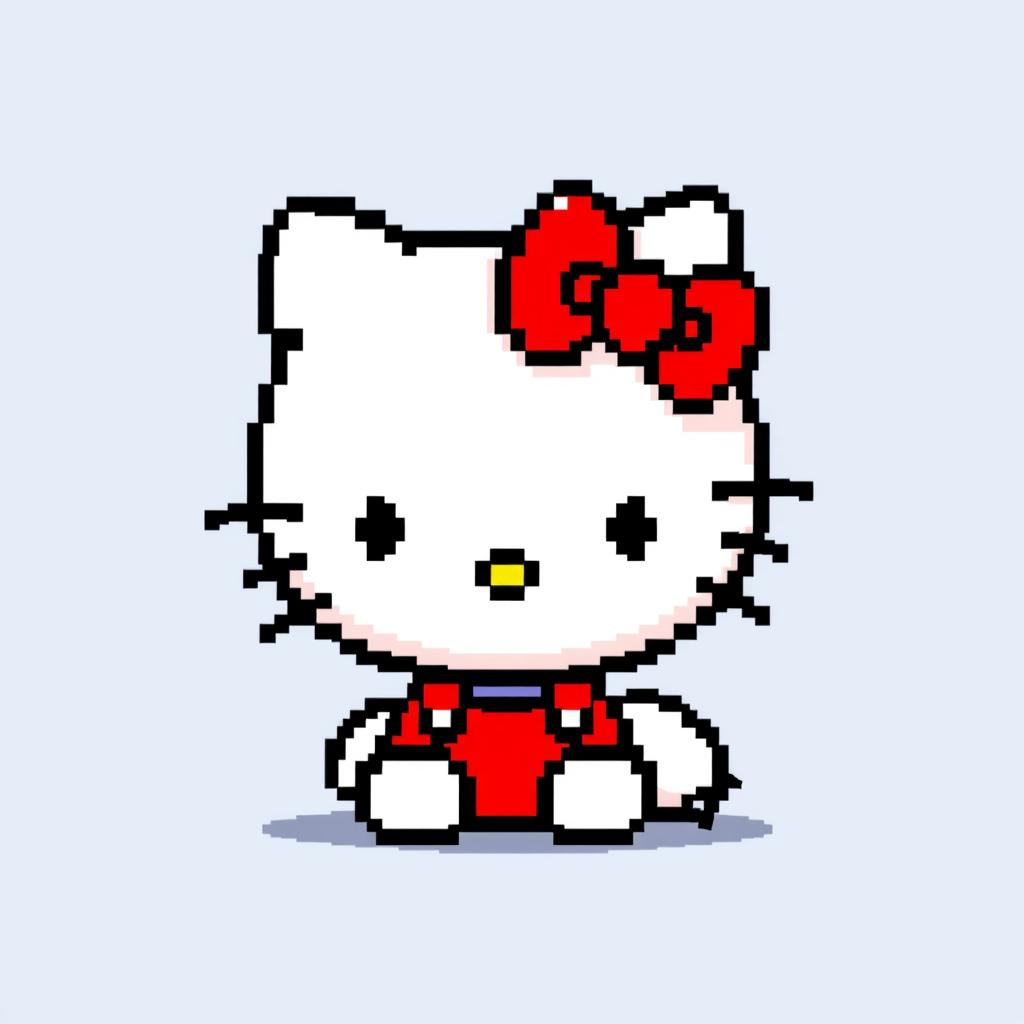 Create a pixel art image of Hello Kitty with red hair