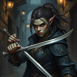 Create a detailed portrait of a female orcish rogue