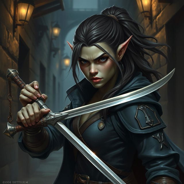 Create a detailed portrait of a female orcish rogue