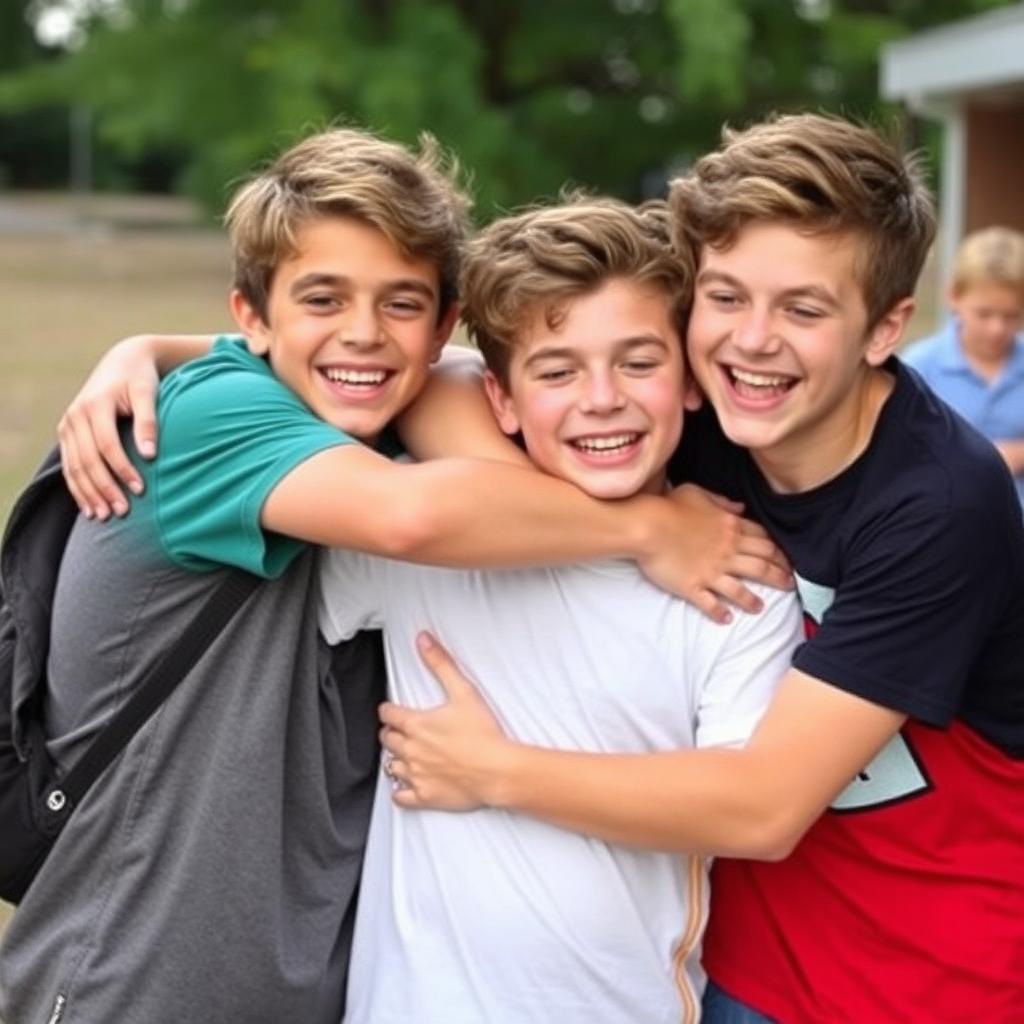 Three best friends, all boys, hugging and celebrating their 9 years of friendship