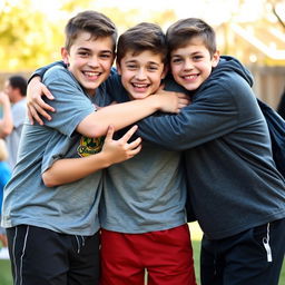 Three best friends, all boys, hugging and celebrating their 9 years of friendship