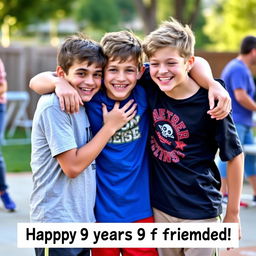 Three best friends, all boys, hugging and celebrating their 9 years of friendship